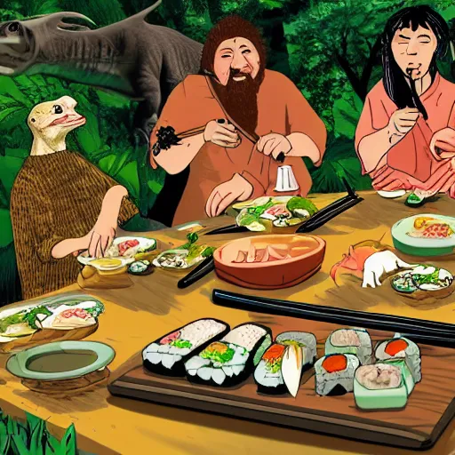 Image similar to neanderthal people eating sushi, surrounded by dinosaurs, gigantic forest trees