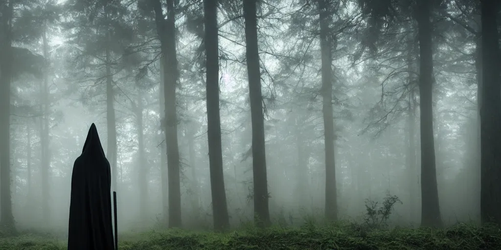 Image similar to a close shot of a grim reaper standing in a forest, detailed, style of flooko, mythical, mist, depressing, tired, dark, lush, nature, mist, mystery, glows, somber, dismal, fog, heavy fog, dark lighting, rim light, glow, ambient light, cybernetic, sci-fi,