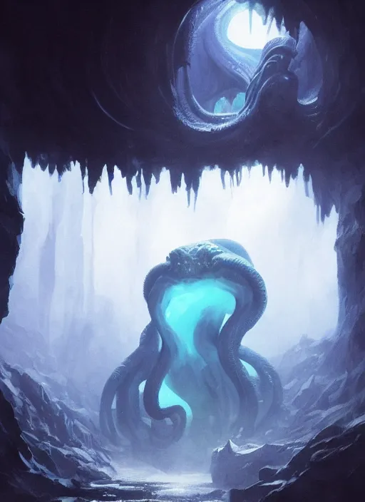 Prompt: cthulhu in a blue cave , by Greg Rutkowski , 8k, photorealistic, cinematic lighting, HD, high details, dramatic, atmospheric , trending on artstation