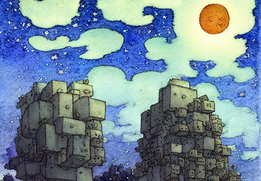 Image similar to a simple watercolor fantasy concept art of a giant grey cube floating in the air. it is a misty starry night. by studio ghibli, rebecca guay, michael kaluta, charles vess