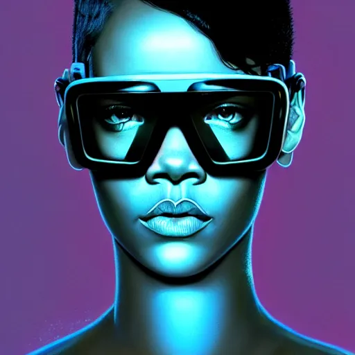 Image similar to Rihanna wearing opaque reflective goggles profile picture by Greg Rutkowski, asymmetrical, futuristic, volumetric lights, streetwear, studio ghibli, Organic Painting , Matte Painting, geometric shapes, hard edges, trending on the artstation, fantasy LUT, realistic by Sachin Teng + Martin Grip + Moebius + Patrick Gleason, smooth, sharp focus, illustration, art by John Collier and Albert Aublet and Krenz Cushart and Artem Demura and Alphonse Mucha, techwear, Industrial Scifi, detailed illustration, character portrait,