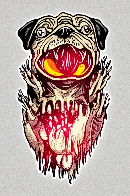 Prompt: demon pug eating flesh. art by samantha mash, sticker, colorful, illustration, highly detailed, simple, smooth and clean vector curves, no jagged lines, vector art, smooth