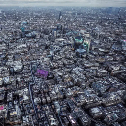 Prompt: Aerial photo of cyberpunk slumps in London