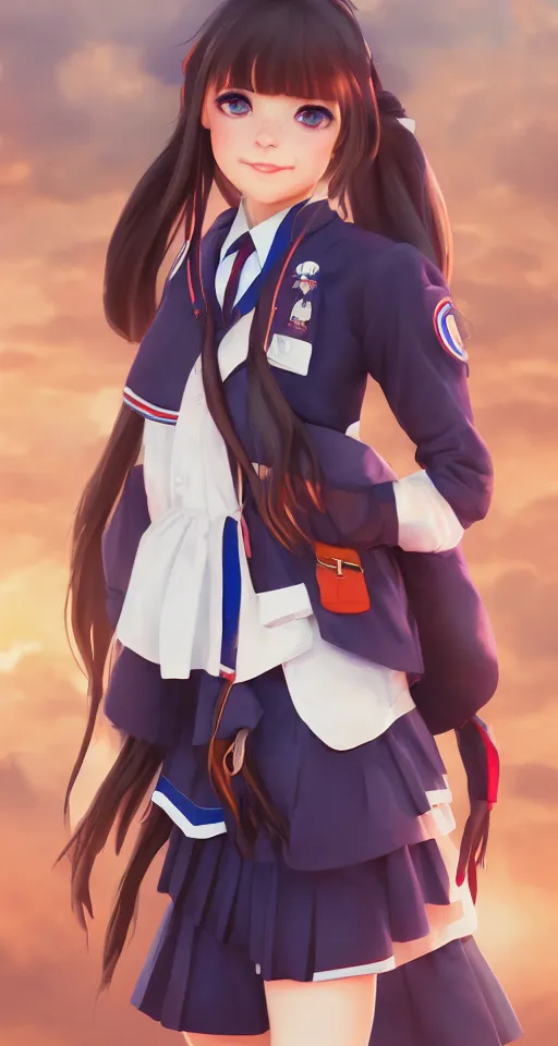 Image similar to School girl in seifuku uniform, hyperdetailed, artstation, cgsociety, golden hour 8k