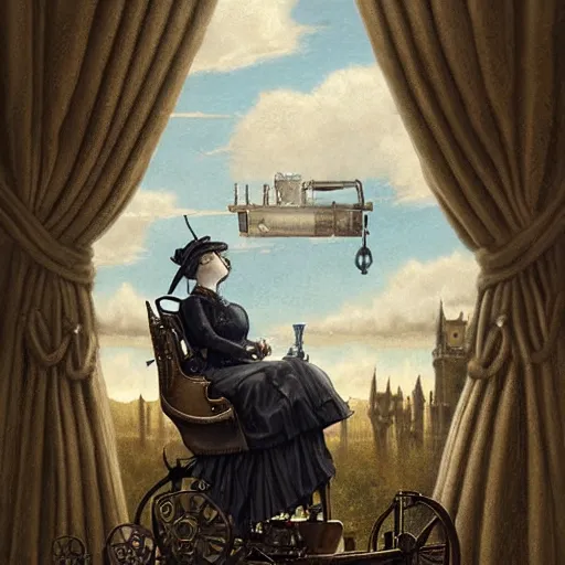 Prompt: a hyperrealistic painting of a victorian steampunk woman sitting in her time machine, blue skies, by john kenn mortensen, highly detailed,