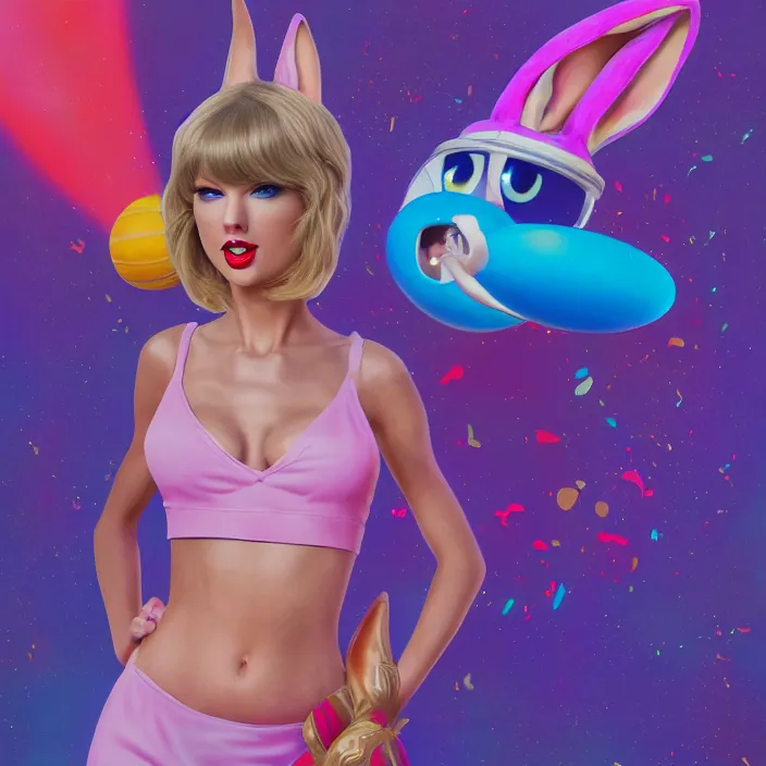 Image similar to portrait of Taylor Swift as LOLA BUNNY in SPACE JAM. HD, 4K. intricate abstract. intricate artwork. by Tooth Wu, wlop, beeple, dan mumford. octane render, trending on artstation, greg rutkowski very coherent symmetrical artwork. cinematic, hyper realism, high detail, octane render, 8k, iridescent accents, bunny ears