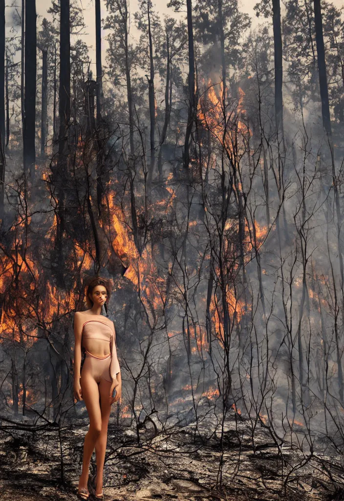 Image similar to fashion editorial in forest fire. wide angle shot. highly detailed.