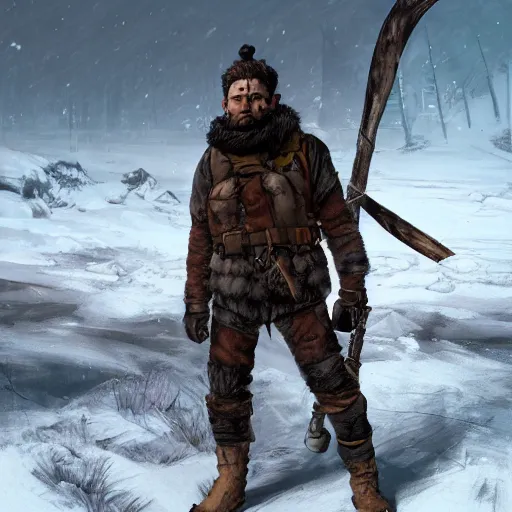 Image similar to A comic book style portrait painting of a male survivalist warrior in a a post apocalyptic winter landscape, unreal 5, DAZ, hyperrealistic, octane render, RPG portrait, ambient light, dynamic lighting