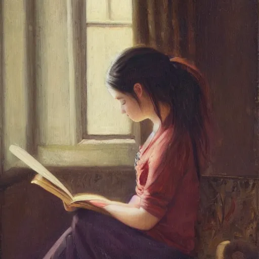 Image similar to a girl reading a book, her hair flowing down, subtle, intricate details, real masterpiece, oil on canvas, by li zangh