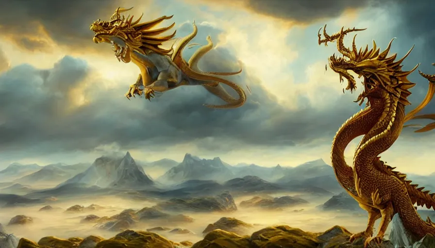 Image similar to epic golden dragon in a nordic landscape under bright daylight with very, very, very beautiful clouds, painted by Hans Fredrik Gude, Greg Rutkowksi, Peter Mohrbacher and Artgerm, concept art 2022, ultra realistic masterpiece, contrasting details vs blank areas, oil on canvas