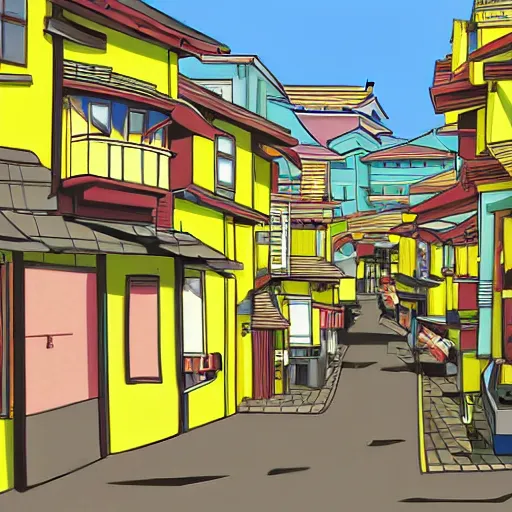 Image similar to japanese town, neighborhood, surreal neighborhood, street view, anime, modern neighborhood, japanese city, underground city, modern city, tokyo - esque town, 2 0 0 1 anime, cel - shading, compact buildings, sepia sunshine, yellow sunshine