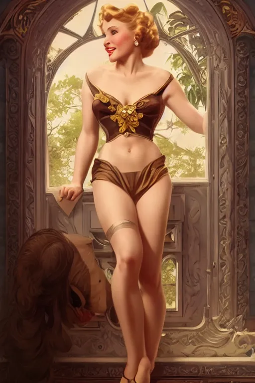 Image similar to pin-up, beautiful Kristen Bell, intricate, elegant, highly detailed, digital painting, artstation, concept art, smooth, sharp, focus, illustration, art by gil elvgren and artgerm and greg rutkowski and alphonse mucha