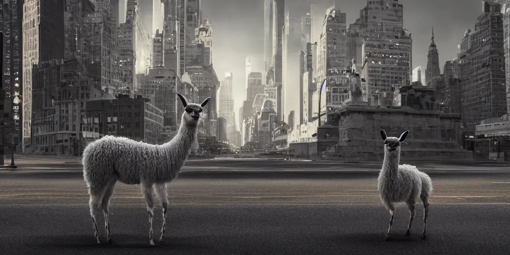 Image similar to a llama walking through a desolate manhattan city street at night, statue of liberty seen in the background, realistic 4 k octane beautifully detailed render, 4 k post - processing, highly detailed, detailed face, intricate complexity, epic composition, magical atmosphere, cinematic lighting, masterpiece, color picture, ultra hd