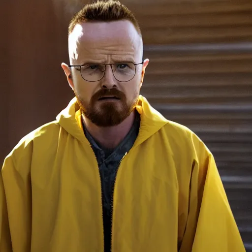 Image similar to Live Action Still of Aaron Paul dressed as Walter White, real life, hyperrealistic, ultra realistic, realistic, highly detailed, epic, HD quality, 8k resolution, body and headshot, film still