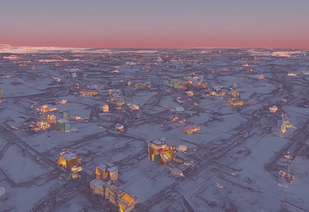 Prompt: accidentally wes anderson award - winning photograph of a norilsk russian lunar cosmic city, art by greg rutkowsky, trending on artstation, cinematic lighting, filmic grain, golden hour, detailed, 4 k