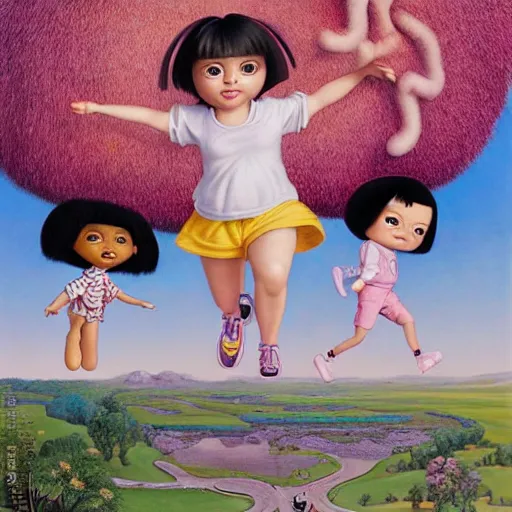 Prompt: portrait of real girl dora the explorer jumping happily,painted by ron mueck and mark ryden and hikari shimoda, lowbrow pop surrealism