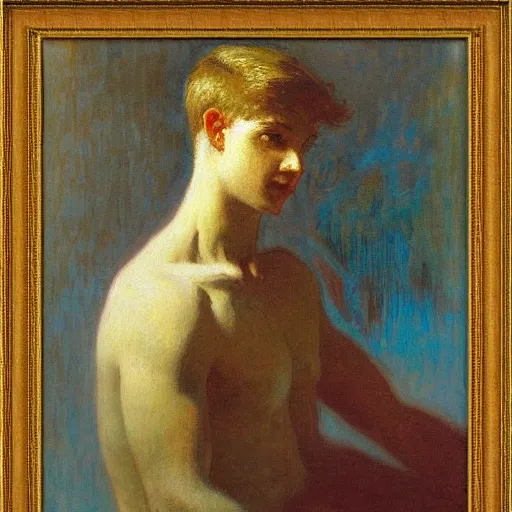 Image similar to eloquent haunted young man head in hands against bright background, oil painting, gaston bussiere, mucha, gerome,