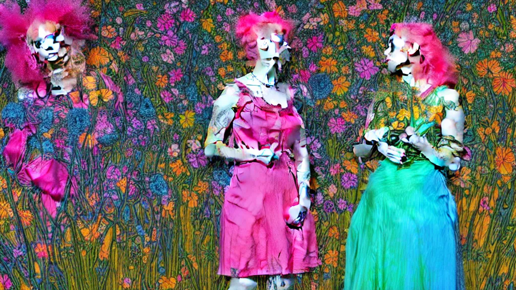 Image similar to photo-realistic portrait of two young women with neon pink hair, wearing a neon blue dress by Vivienne Westwood, standing in a garden full of psychedelic flowers, intricate details, in the style of John Everett Millais, black background