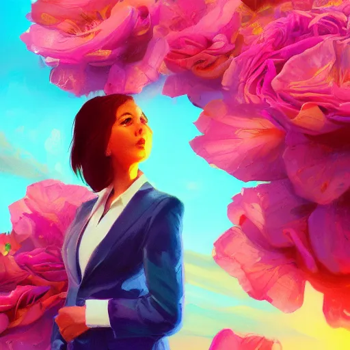 Image similar to closeup, large rose flower head, frontal, girl in a suit, surreal photography, sunrise, blue sky, dramatic light, impressionist painting, digital painting, artstation, simon stalenhag