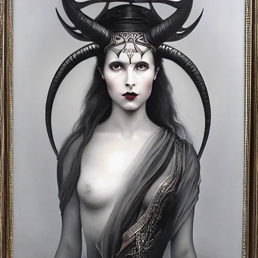 Prompt: By Tom Bagshaw, ultra realist soft painting of a curiosities carnival by night, very beautiful horned single female in long curvy dress facing a transparent glass sphere, symmetry accurate features, very intricate details, omnious sky, black and white, volumetric light clouds