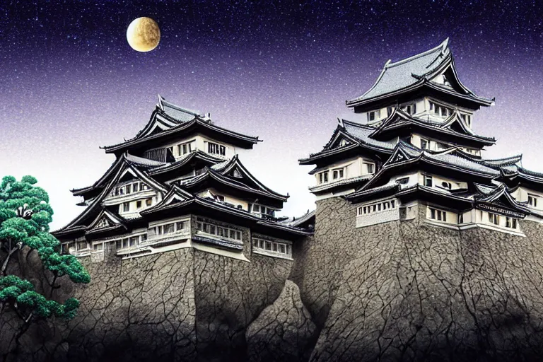 Prompt: a hyper - realistic ultra - detailed kenchiku castle by takato yamamoto and giovanni paolo panini and kris kuksi and mandelbrot. subject in view, symmetrical composition f 1 1 : 6 volumetric lighting, dynamic light, moonlighting, dynamic lighting, starry background, micro details, 8 k, 3 d render, trending on artstation and cgsociety