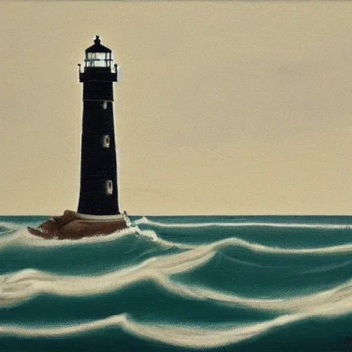 Prompt: a lighthouse on a loney, stormy coast. the painting used a limited palette of colors, which are applied in a direct and expressive manner. the appearance is flat, with a two - dimensional quality. the composition is rhythmic, and somewhat repetitive.