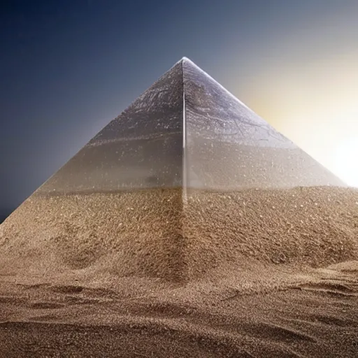 Prompt: an epic view of a giant glass obsidian pyramid rises out of the sand, dramatic lighting