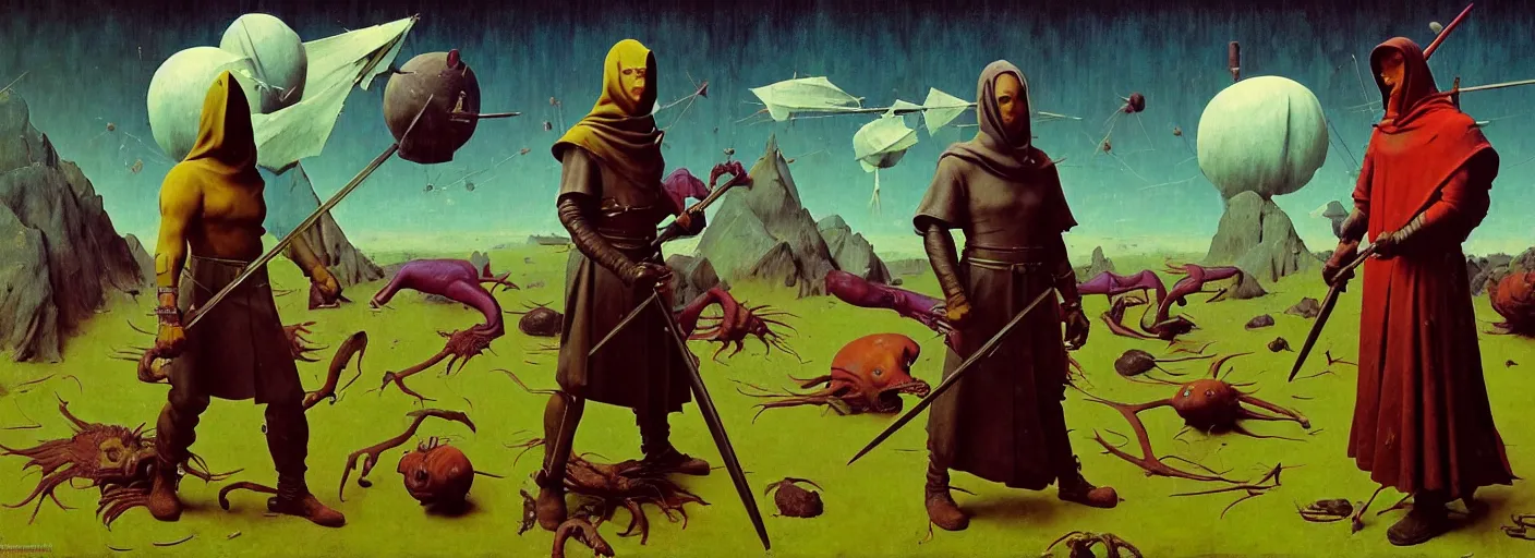 Prompt: full - body surreal colorful warrior rpg character concept art anatomy, action pose, very coherent and colorful high contrast masterpiece by norman rockwell franz sedlacek hieronymus bosch dean ellis simon stalenhag rene magritte gediminas pranckevicius, dark shadows, sunny day, hard lighting, reference sheet white! background