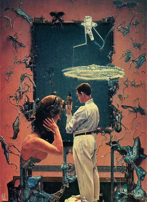 Prompt: a still from the movie the fly surreal, norman rockwell and james jean, greg hildebrandt, in the style of francis bacon and edward hopper and beksinski, dark surrealism, science fiction jean girard