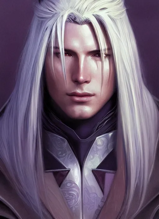 Image similar to centered portrait, Sephiroth as a male D&D Ranger, blonde hair, Art Nouveau, beautiful retro Fantasy heroine 1985, intricate, elegant, highly detailed, centered, digital painting, trending on artstation, concept art, smooth, sharp focus, illustration, art by raphael lacoste, eddie mendoza, Mucha, alex ross, WLOP