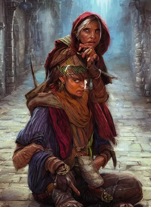 Prompt: female immigrant poor beggar on the streets, ultra detailed fantasy, dndbeyond, bright, colourful, realistic, dnd character portrait, full body, pathfinder, pinterest, art by ralph horsley, dnd, rpg, lotr game design fanart by concept art, behance hd, artstation, deviantart, hdr render in unreal engine 5