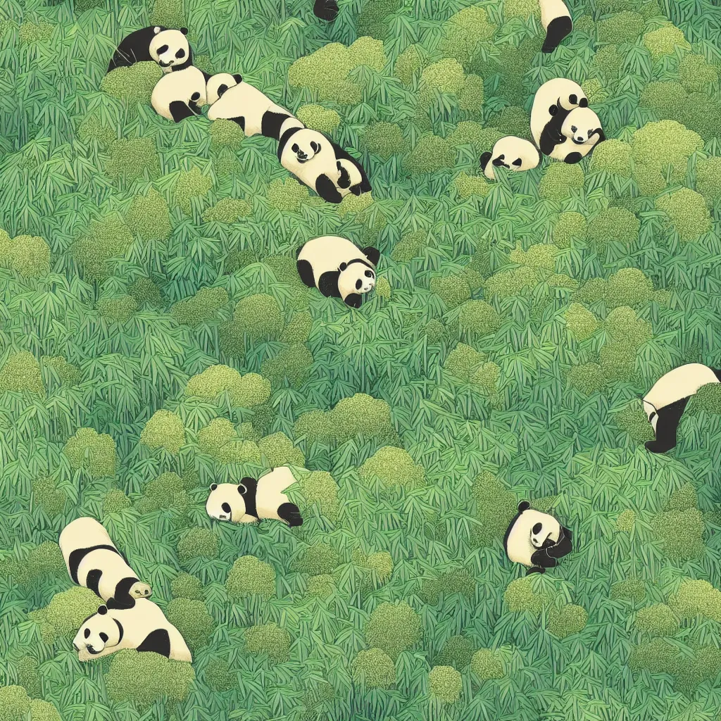 Image similar to isometric view illustration of a bamboo forest and panda, highly detailed mid day by victo ngai