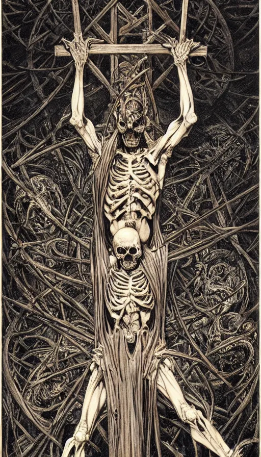Prompt: Scorn themed painting of skeletal undead crucifixion concept, intricate artwork by H.R. Giger, Johnatan Wayshak, Zdizslaw Beksinski, Ayami Kojima, Amano, Karol Bak, Moebius, and Mark Brooks, Neo-Gothic, gothic, rich deep colors, art by Takato Yamamoto, masterpiece, face by Artgerm, very coherent artwork, cinematic, hyper realism, high detail, octane render, unreal engine, 8k, High contrast, golden ratio, trending on cgsociety