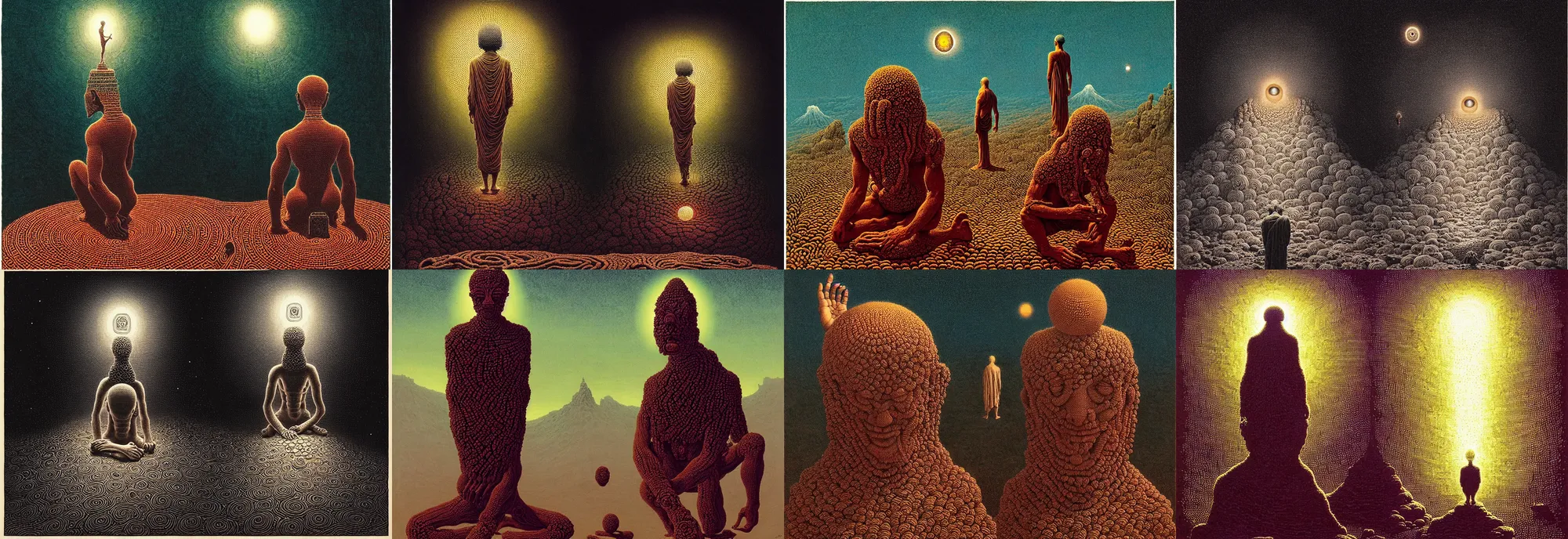 Prompt: an ancient creature, by asaf hanuka, by caspar david friedrich, by zdzisław beksinski, stipple, tibetan painting, indian art, soviet art, dichromatism, full frame, polyhedral, divine, powerful, accent lighting, cotton, corduroy, crochet, on path to enlightenment