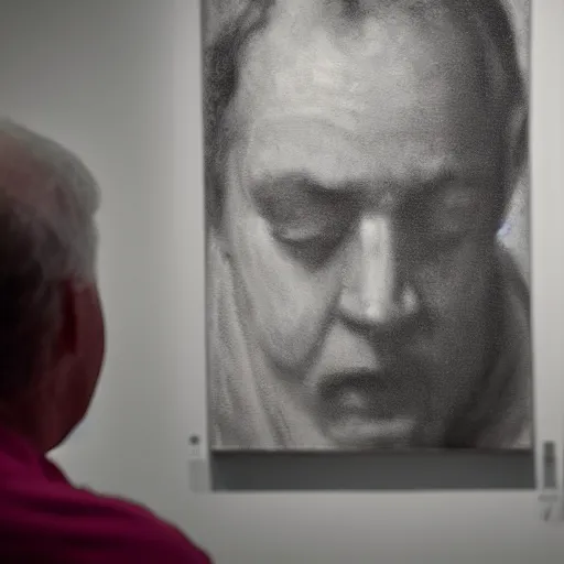 Prompt: Over the shoulder portrait of a middle-aged man staring at a painting in an art gallery. The painting he is looking at contains a person looking right back at him. Wide angle. Photorealistic. Dramatic lighting. Award winning photography. 35mm photograph.