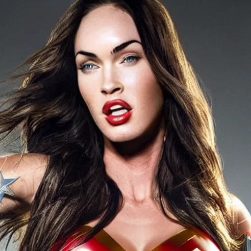 Image similar to megan fox as superwoman, fully body superhero portrait