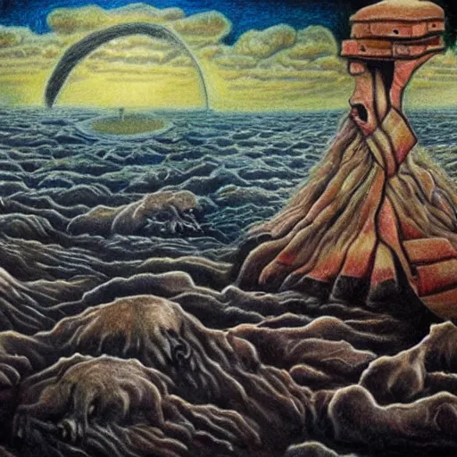 Image similar to surrealism drawing of the end of the world., horror,