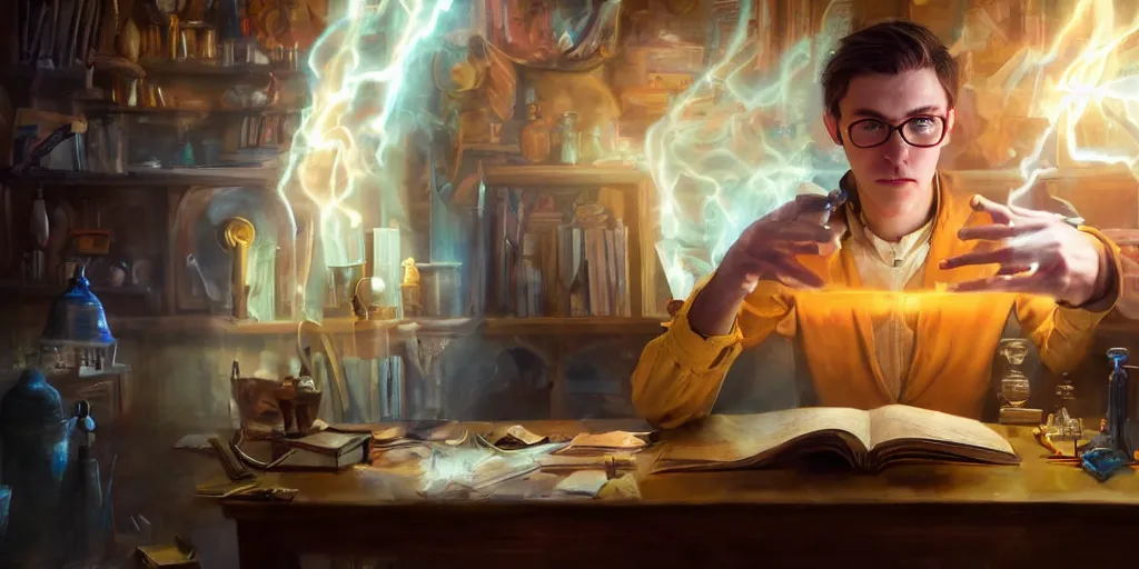 Prompt: a young caucasian male mage they are in a alchemy workshop working at there desk. coherent face, coherent hands, colorful, light rays, medium shot, waist up, sharp focus, bloom, dramatic lighting, very detailed, scene from pixar and dreamworks