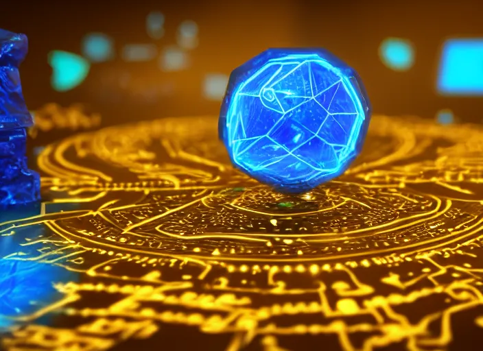 Image similar to magic golden computer chip with runes and a glowing blue crystal in the center, mana flowing around it, product photo, trending on artstation, unreal engine 5, 4 k, 8 k