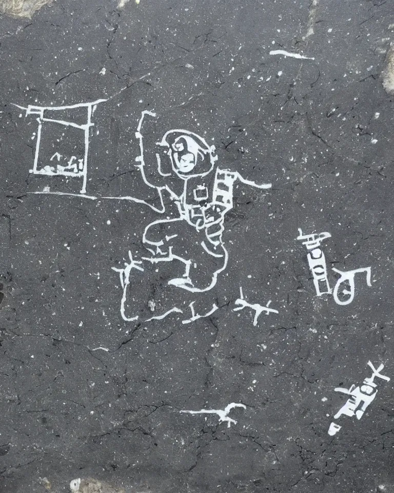 Prompt: banksy graffiti on black stone of mecca, alien planet, massive spaceships, retro futurism