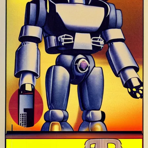 Image similar to a 1 9 8 0 s advertisement from a convention center displaying a monk in a mecha full body suit, highly detailed, sharp focus, hq, post grunge, subtle colors.