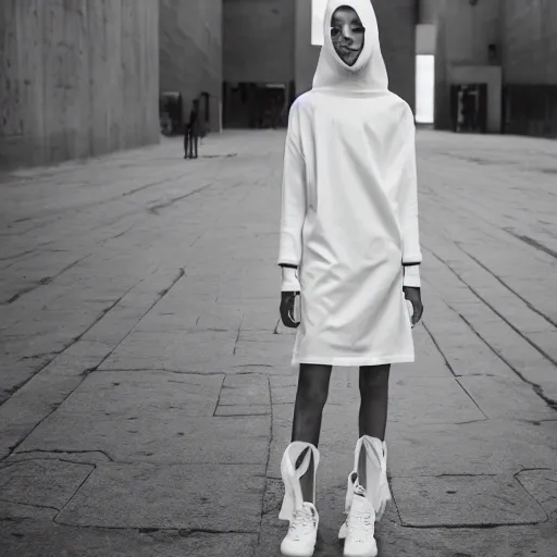 Image similar to vogue fashion photography of model wearing streetwear fashion white clothing, inside berghain, futuristic fashion, photo 3 5 mm leica, hyperdetail, 8 k, very detailed