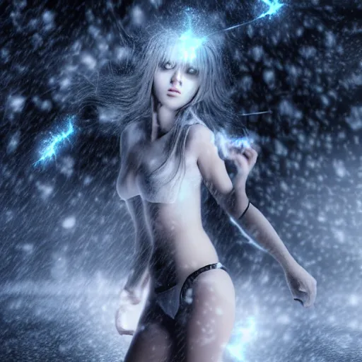 Prompt: photorealistic full body shot of masterpiece angry darkness anime girl, beautifull lovely eyes, electric aura with particles, snowing, darkness background, inspired by tim burton, detailed, unreal engine 4 k, volumetric light, fog