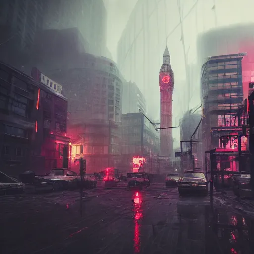 Image similar to an large apocalyptic city with tall buildings, london architecture in the style of liam wong, cinematic, epic environment, wide lens, cinematic lighting