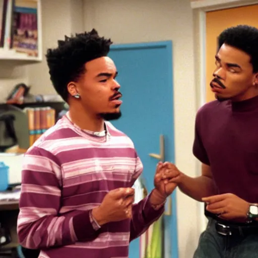 Image similar to a tv still of Chance The Rapper starring as a black college student at Jones College Prep in a 1993 sitcom