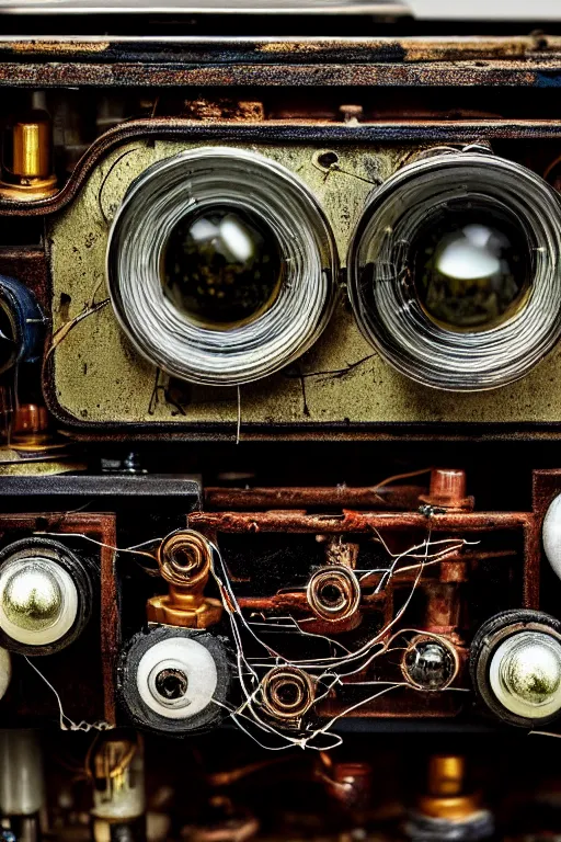 Prompt: A photo of a very old opened camera with vacuum tubes, capacitors and coils inside by Annie Lebovitz and Steve McCurry, grungy, weathered Ultra detailed, hyper realistic, 4k