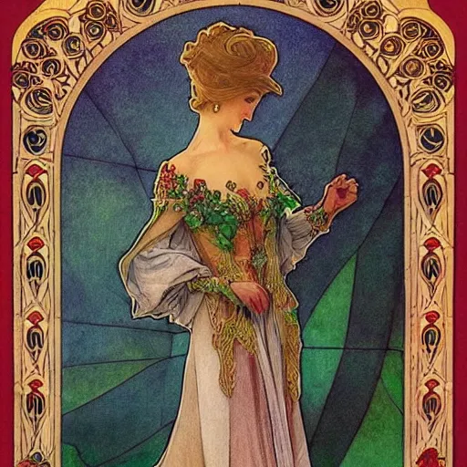 Prompt: president of belarus in beautiful dress. mucha style. epic composition. highly detailed.