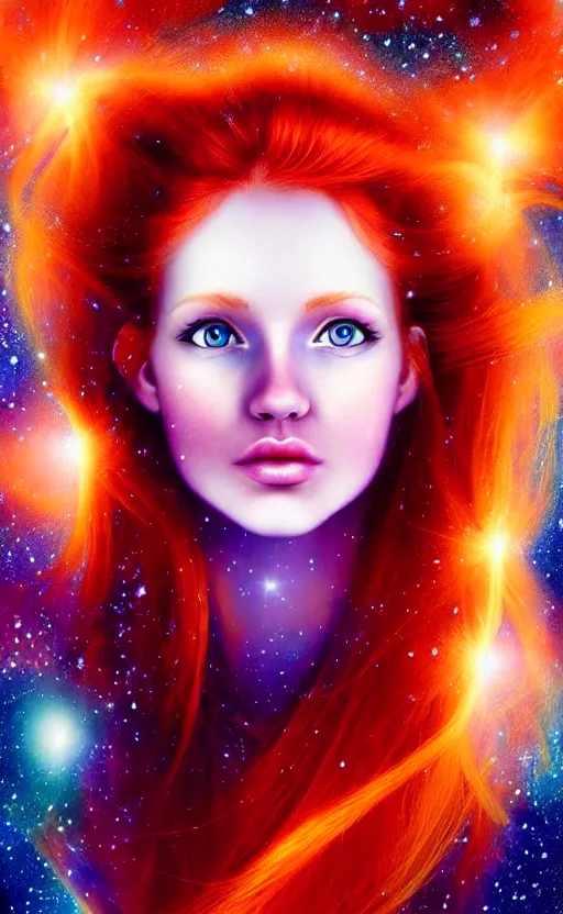 Image similar to space astral portrait of a beautiful girl, red hair, ginger hair, fantasy, glowing skin, smooth face, perfect eyes, half body shot, tarot card