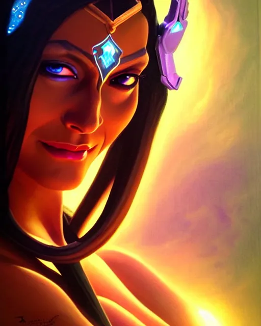 Image similar to symmetra from overwatch, fantasy, fantasy art, fantasy, colorful, elegant, character portrait, portrait, close up, highly detailed, intricate detail, amazing detail, sharp focus, vintage fantasy art, vintage sci - fi art, radiant light, caustics, by boris vallejo