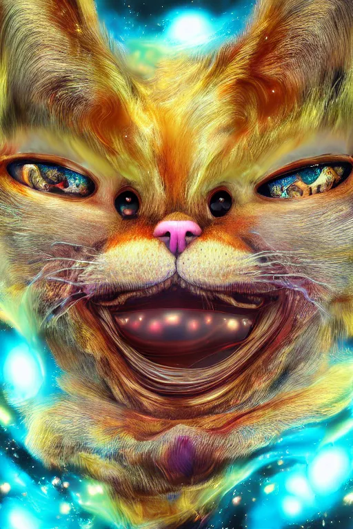 Image similar to Recursive image with a well rounded Calico feline, large eyes, shiny soft fur, anatomically correct, surrounded by mirroring swirling wisps of jelly, oil pastels and gold, in the style of Katsuhiro Otomo, modeled in Poser, Redshift render, UHD